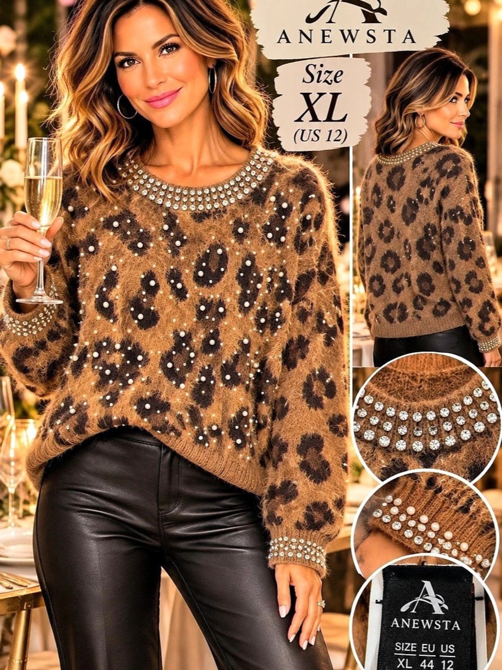 Anewsta Leopard Print Studded Rhinestone and faux Pearls Long Sleeve Knit Sweate